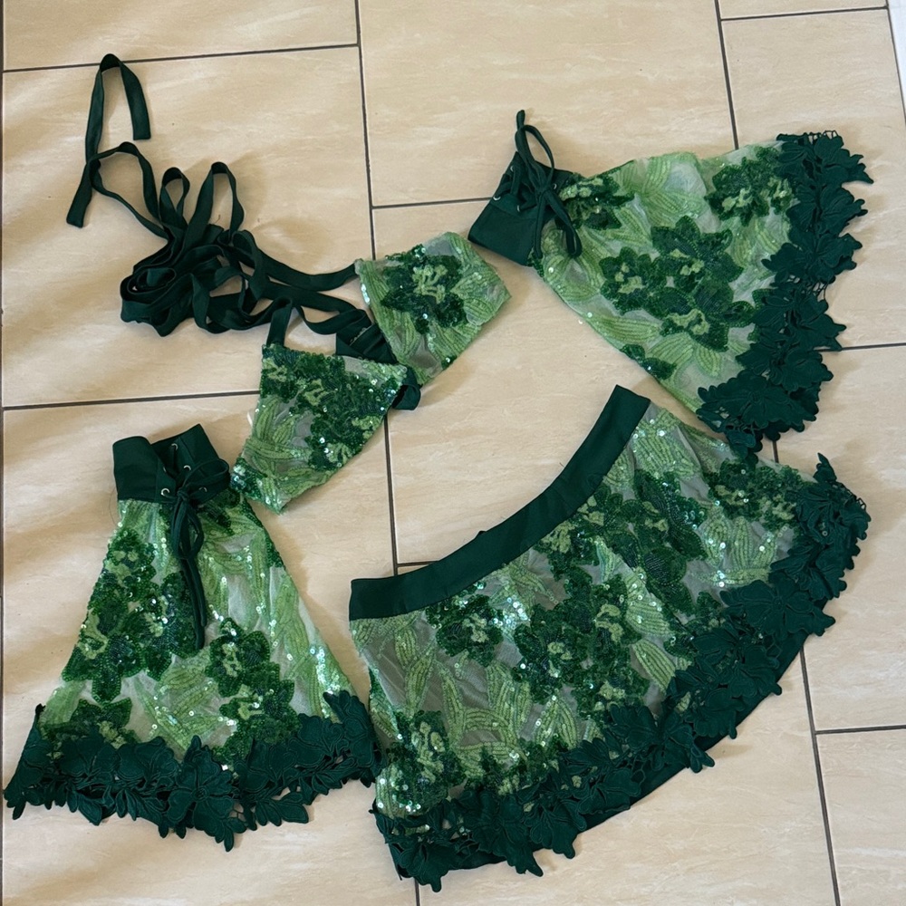 Emerald Green Forest Fairy bralette & Skirt set with sleeves
